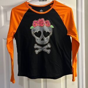 Celebrate Halloween Glitter Skull & Crossbones Baseball Shirt-XL-14/16 Plus Girl
